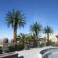 Artificial outdoor palm trees by a residential swimming pool